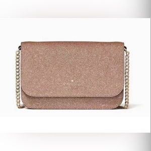 New Kate Spade Shimmy rose gold glitter chain detail crossbody bag. 7 x 5 x 3